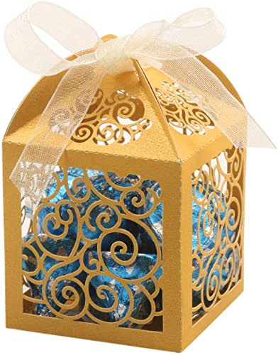 KPOSIYA 70 Pack Wedding Favor Boxes Laser Cut Boxes Party Favor Box Small Gift Boxes Lace Candy Boxes for Wedding Bridal Shower Baby Shower Birthday Party Anniverary with Ribbons (Gold, 70) - color: Gold 70