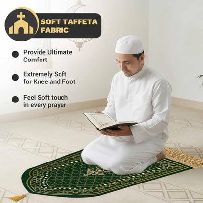 Muslim Prayer Mat Set, 4 PCS Soft Portable Islamic Prayer Rug - color: Green