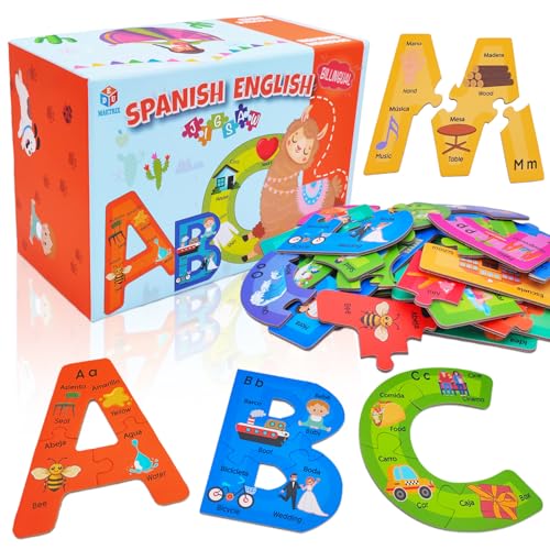 Bilingual Spanish English Alphabet ABC Puzzle Jigsaw for Toddlers, Age 5+, Montessori Preschool Kindergarten ABC Sight Words Letter Puzzle 27 Letters Double-Sided with Gift Box