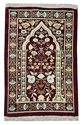 Muslim Thin Salah Mat Islam Portable Sajadah Praying Carpet AMN-389 Floral Design Travel Rug Muslim Eid Ramadan Gift (Red)