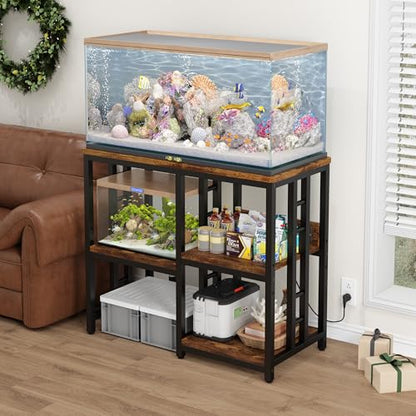 Heavy Duty 40-50 Gallon Aquarium Stand with Power Outlets, 3-Tier Adjustable Metal Fish Tank Stand with Storage Shelf for 5-10 Gallon Tanks, Reptile Terrariums & Supplies Organizer, 720LBS Capacity - color: Black + Brown