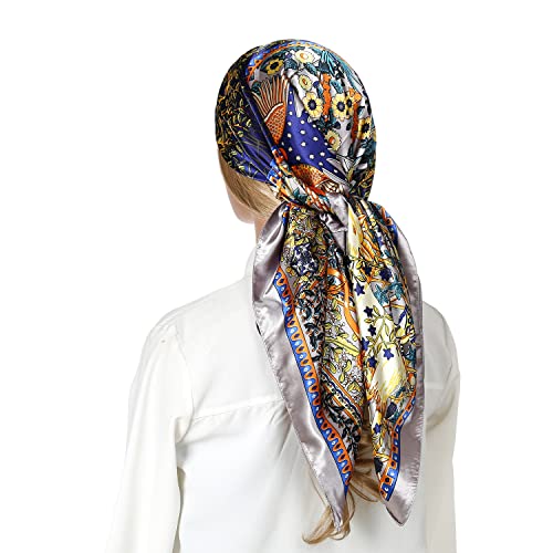 RIIQIICHY Head Scarf for Women Like Silk Satin Scarf for Hair Wrapping at Night Bandana Square Scarf for Sleeping 35 Inch - color: Black/Yellow/White