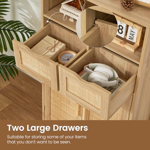 Iwell Storage Cabinet with 2 Drawers & Adjustable Shelves, Rattan Cabinet, Kitchen Pantry Cabinets, Cupboard for Living Room, Kitchen, Home Office, Natural SNG008NR - color: Natural