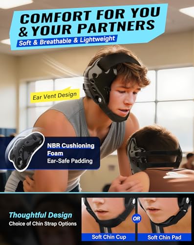 Trymaker Wrestling Headgear, Youth Head Gear with Chin Cup & Pad | Age 10+, Sorf Triple-Layer Ear Guard, 4-Point Adjustment System, MMA, Jiu-Jitsu, BJJ - color: Black Headgear & Black Strap