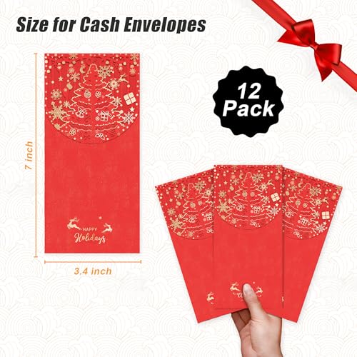 Holiday Christmas Money Holders for Cash Gift 12 Pcs, Xmas Red Envelopes Money Envelopes with Gold Foil & Laser Cut, Christmas Currency Envelope Cash Stuffing Envelopes (Red) - size: Vertical，7"×3.4"