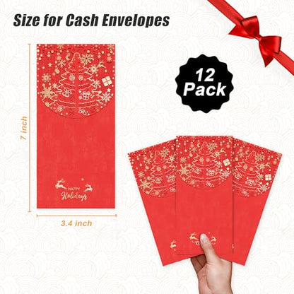 Holiday Christmas Money Holders for Cash Gift 12 Pcs, Xmas Red Envelopes Money Envelopes with Gold Foil & Laser Cut, Christmas Currency Envelope Cash Stuffing Envelopes (Red) - size: Vertical，7"×3.4"