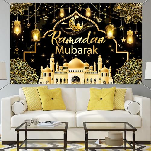 Mocsicka Ramadan Mubarak Banner Backdrop for Muslim Ramadan Kareem Banner Eid al-Fitr and Eid al-Adha Ramadan Kareem Background for Photography (Black and Gold, 70.8x43.3 inch) - color: Black and Gold