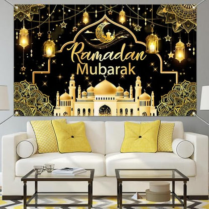 Mocsicka Ramadan Mubarak Banner Backdrop for Muslim Ramadan Kareem Banner Eid al-Fitr and Eid al-Adha Ramadan Kareem Background for Photography (Black and Gold, 70.8x43.3 inch) - color: Black and Gold