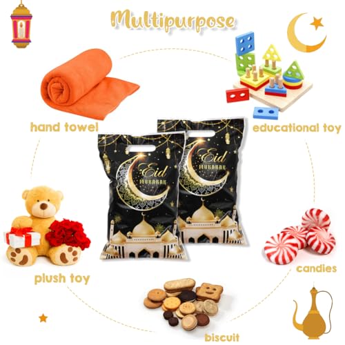 Eid Mubarak Gift Bags with Die Cut Handles, 50pcs - Gold Muslim Mosque Moon Stars Lantern Print Ramadan Theme Black Goodie Candy Snack Plastic Bags Pouch for Muslim Islamic Diwali Party Favor Kids Gifts