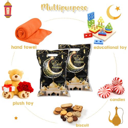 Eid Mubarak Gift Bags with Die Cut Handles, 50pcs - Gold Muslim Mosque Moon Stars Lantern Print Ramadan Theme Black Goodie Candy Snack Plastic Bags Pouch for Muslim Islamic Diwali Party Favor Kids Gifts