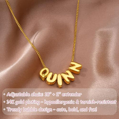 Ldurian Personalized Bubble Name Necklace, Tiny Name Plate Pendant Necklace, 14K Gold Plated Charm Cute Pre-made Jewelry for Women - size: 16 Alexander