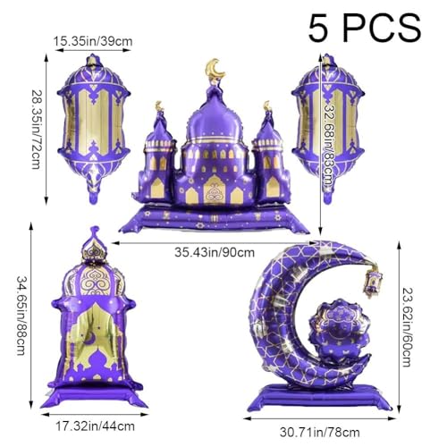 5pcs Hajj Mubarak Star Moon Aluminum Foil Balloon Set Eid Mubarak Islamic Muslim Festival Pilgrimage Party Decor Balloon - color: Purple