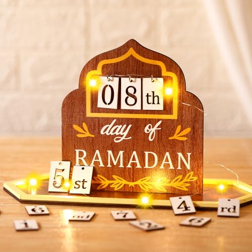 Eid Mubarak Decor Ramadan Advent Calendar with Light String Wooden Countdown Calendars Decorations for Home, 30 Days Til Eid 2026, Ramadan Gift Muslim Islamic Decorations(Novel) - style: Novel