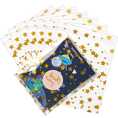 COQOFA 100 Pcs Star Printed Sealable Gift Wrap Cello Cellophane Bags Self sealing Adhensive Treat Bags Party Favor bags (5x7inch, Gold) - color: Gold(Self-sealing), size: 5x7 in