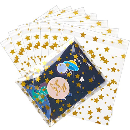COQOFA 100 Pcs Star Printed Sealable Gift Wrap Cello Cellophane Bags Self sealing Adhensive Treat Bags Party Favor bags (5x7inch, Gold) - color: Gold(Self-sealing), size: 5x7 in