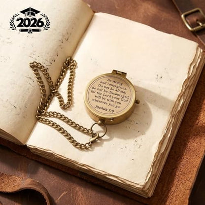 Compass – Brass Directional Vintage Compass Engraved with “Be Strong and Courageous” Joshua 1:9 Bible Verse, Baptism 2026 Communion Christian Inspirational Gifts for Women/Men - style: Be Strong- Leather Case