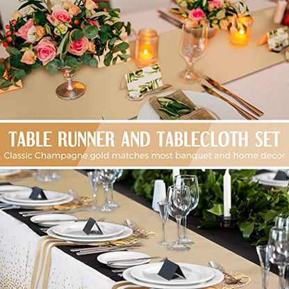 Breling 8 Pack White and Gold Disposable Plastic Tablecloths and Satin Table Runner Set, 54 x 108 Inch Tablecloth, 12 x 108 Inch Table Runners for Wedding First Communion Baby Shower Graduation - color: Gold