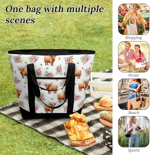 SWEET TANG Insulated Cooler Bag for Women Men Highland Cow Floral Art Lunch Bags Beach Food Delivery Bag - color: Pattern 89