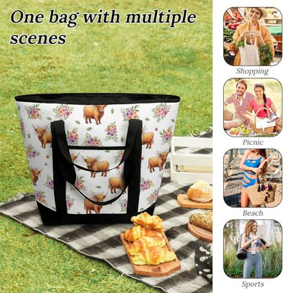 SWEET TANG Insulated Cooler Bag for Women Men Highland Cow Floral Art Lunch Bags Beach Food Delivery Bag - color: Pattern 89