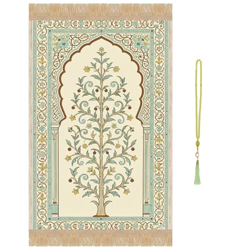 Prayer Mat Beads Ramadan Gifts - Thick Green Muslim Prayer Rug Islamic Tasbih Prayer Beads, Islamic Praying Mat Carpet for Namaz Salah Meditation Eid Decorations for Home - color: Light Green
