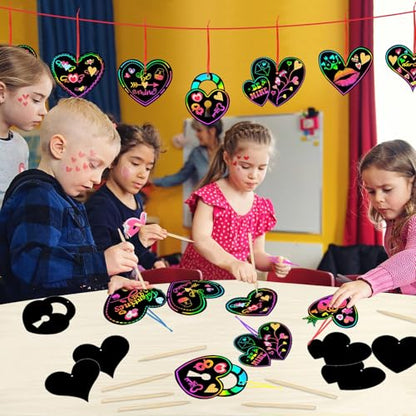 FEBSNOW 48Pcs Valentines Crafts for Kid Heart Rainbow Scratch Paper Art Set | School Classroom Valentines Day Activities, Kids DIY Craft Projects, Magic Hanging Scratch Ornaments, Holiday Party Favors - style: Valentines