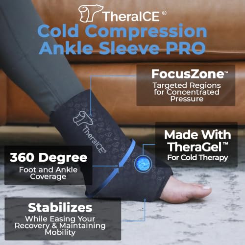 TheraICE Ankle Ice Pack Wrap, Ankle Brace, Plantar Fasciitis, FocusZone | Cold Compression Sleeve with Extra Cooling, Sock-Style Fit for Sprained or Swollen Feet, Heel Spur, Achilles Relief - size: Small/Medium, style: PRO