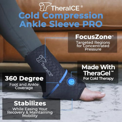 TheraICE Ankle Ice Pack Wrap, Ankle Brace, Plantar Fasciitis, FocusZone | Cold Compression Sleeve with Extra Cooling, Sock-Style Fit for Sprained or Swollen Feet, Heel Spur, Achilles Relief - size: Small/Medium, style: PRO