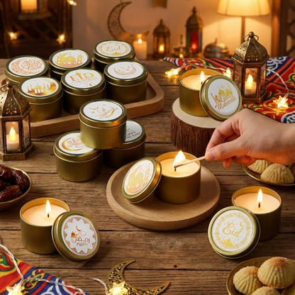 Nuanchu 24 Pack Eid Mubarak Scented Candles Gift 2 oz Golden Star and Moon Design Ramadan Aromatherapy Soy Wax Jars Lasting Bulk Favors for Home Islamic Holiday Party Decor - style: Golden Star Moon Design