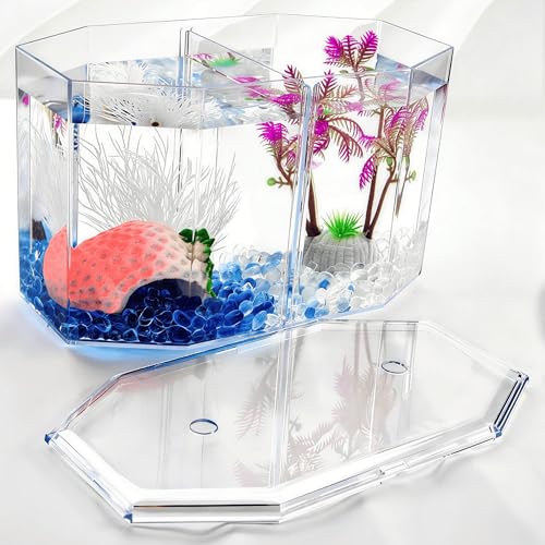 Small Fish Shrimp Tank - Mini Sea Monkeys Tank Tiny Aquarium Tank - Include Hideout Decoration & Fish Tank Gravel - 2/5 Gallon Fry Fish Bowl Divided Compartments Beta Fish Tanks for 2 Betas