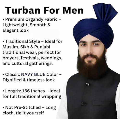 Turban For Men (156 Inches) Long Cloth – Muslim, Sikh, Punjabi Headwrap | For Prayer, Festivals & Special Occasions - color: Navy Blue