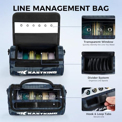 KastKing BaitSpace Line Bag Water Resistant Tackle Bag, Organize Spools | Fishing Line Storage Bag with Water Resistant Nylon, Removable Divider, BaitSpace Line Management Bag - color: E: Blue Camo-Large
