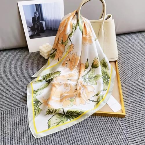 FONYVE Silk Feeling Scarf Medium Square Satin Head Scarf for Women 27.5 × 27.5 inches - color: 03 Orange & Greyish-green Floral