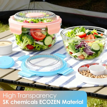 WHALEHOUSE 2-Pack 33 OZ Clear Eco-friendly SK chemicals ECOZEN Salad Container Sets, Portable Plastic Salad Bowls with Lid, Leak-Proof Dressing Container, Bento Lunch Box for Meal Prep & Food Storage - color: Pink+Blue