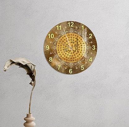 Tempered Glass Islamic Wall Clock, Islamic Wall Art for Living Room, Islamic Wall Decor, Eid Gifts, Muslim Home Decor, Quran, Ramadan Decoration, Arabic Calligraphy (Brown Names of Allah) - style: Brown Names of ALLAH