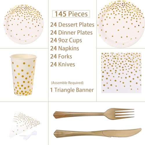 White and Gold Party Supplies 145PCS Disposable Party Dinnerware Paper Plates, Napkins, Knives, Forks, Cups, Banner, for New Year Eve 2026, Bridal Shower, Wedding, Birthday, Serves 24 - color: White Gold (Serves 24)