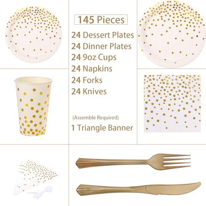 White and Gold Party Supplies 145PCS Disposable Party Dinnerware Paper Plates, Napkins, Knives, Forks, Cups, Banner, for New Year Eve 2026, Bridal Shower, Wedding, Birthday, Serves 24 - color: White Gold (Serves 24)