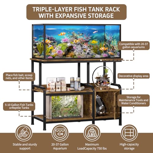 20-29-37 Gallon Tank Stand，750 lbs Capacity 29 Gallon Aquarium Stand，Heavy-Duty 3-Level Reptile Stand with Built-in Storage，36.8×15.7×31.5" Steel Terrarium Rack，Retro Brown