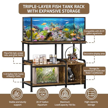 20-29-37 Gallon Tank Stand，750 lbs Capacity 29 Gallon Aquarium Stand，Heavy-Duty 3-Level Reptile Stand with Built-in Storage，36.8×15.7×31.5" Steel Terrarium Rack，Retro Brown