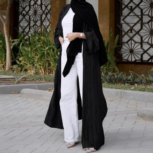 Womens Muslim Kimono Abaya Solid Striped Retro Ethnic Cardigan Robe Dubai Middle Eastern Saudi Arabia Eid Clothes - color: Black Long Cardigan, size: Large