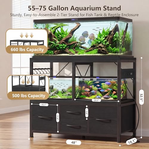 Heybly 55-75 Gallon Fish Tank Stand, Aquarium Stand with Drawer, Power Outlet, Heavy Duty Metal Frame, for Fish Tank, Turtle & Reptile Terrarium, 36.2" L × 18.1" Top, 660lbs (Top)+400lbs(Mid), Black HAS005BK - color: Black, size: 55-75 gal