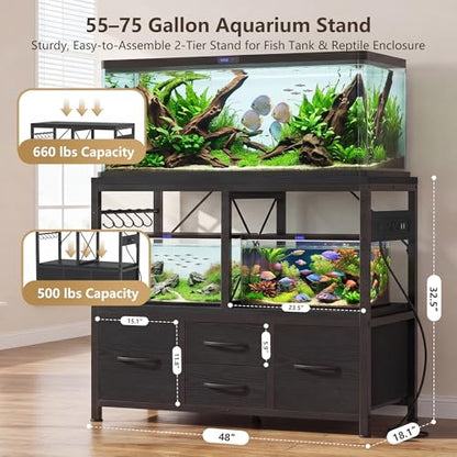 Heybly 55-75 Gallon Fish Tank Stand, Aquarium Stand with Drawer, Power Outlet, Heavy Duty Metal Frame, for Fish Tank, Turtle & Reptile Terrarium, 36.2" L × 18.1" Top, 660lbs (Top)+400lbs(Mid), Black HAS005BK - color: Black, size: 55-75 gal