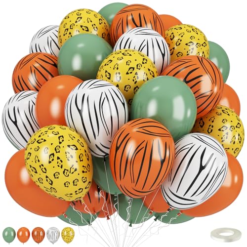Safari Balloons, Jungle Animal Print Balloons 12 Inch, Tiger Leopard Zebra Print Jungle Safari Theme Olive Green Orange Balloon for Birthday Zoo Forest Animal Wild One Party Decorations Supplies - color: Green Orange