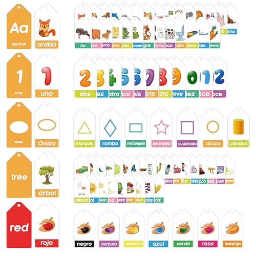 Bilingual Spanish English Flash Cards for Kids 5 Themes Alphabet Color Number Shape First Words 84 Cards Gift Pack