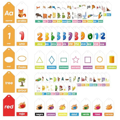Bilingual Spanish English Flash Cards for Kids 5 Themes Alphabet Color Number Shape First Words 84 Cards Gift Pack