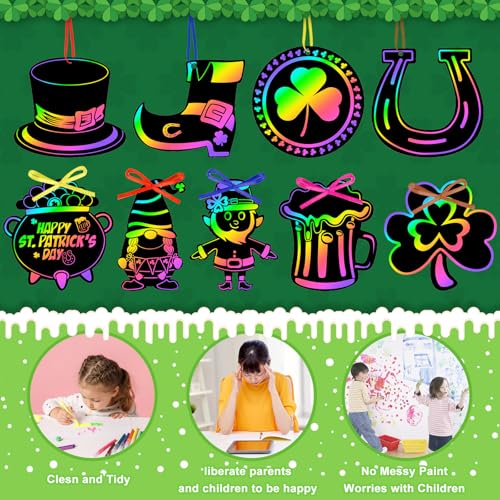 FEBSNOW 48 PCS St. Patrick’s Day Crafts for Kids, Rainbow Magic Scratch Art Shamrock Hanging Ornaments Scratch Paper Cards for St Patricks Day Party Favors Kids School Classroom DIY Crafts Decorations - style: St. Patrick’s Day