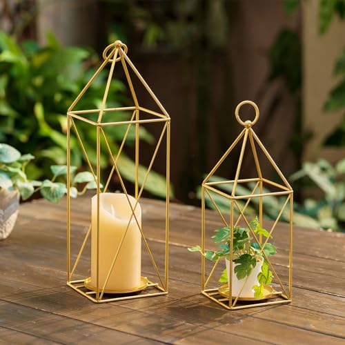 Gold Lanterns Decorative Indoor: Metal Lanterns for Wedding Table Centerpieces Set of 2 Outdoor Front Porch Decor Mantle Fireplace Decoration