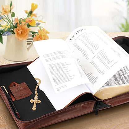 FINPAC Large Classic Bible Cover Vegan Leather Carrying Book Case Church Bag Bible Protective with Handle, Gift for Men, Women, Father, Mother, Friends, Brown - color: Brown