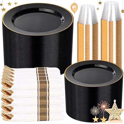 SUT 350 Pcs Black and Gold Plastic Dinnerware Set for 50 Guests, Include: 50 Dinner Plates, 50 Dessert Plates, 50 Pre Rolled Napkins With Silverware, 50 Cups, Disposable Plates for Party - color: Black/Gold, size: 350PCS