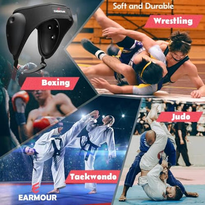 Wrestling Headgear with Adjustable Ear Guard - Youth Chin Protection, Design for Ultimate Comfort and Safety in Every Match, Black