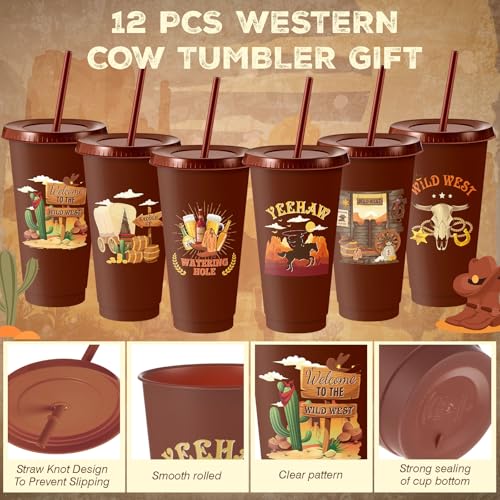 Chuangdi 12 Pcs Western Cowboy Plastic Tumbler, 24 oz Reusable Western Theme Party Plastic Tumbler with Lids and Straw for Rodeo Theme Party Christmas Gifts Birthday Supplies Decorations - style: Cowboy